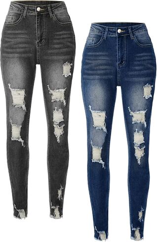 Women's Jeans Butt Lift Comfy Stretchy Ripped Skinny Mid Waist Destroyed Denim Pants (Pack of 2) in Saudi Arabia