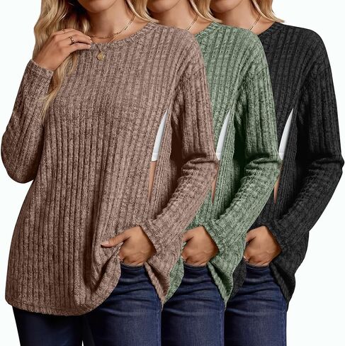 3 Pack Women's Nursing Shirts for Breastfeeding Zipper Ribbed Oversized Sweater Cotton Long Sleeve Maternity Tops in Kuwait