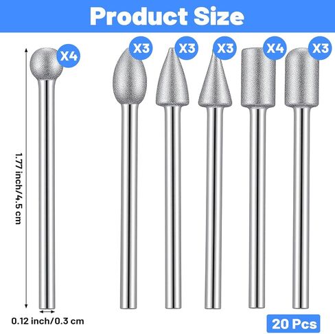 20PCS 120 Grit Diamond Grinding Bits 1/8 Inch Shank Sanding Bit, Carving Engraving Polishing Rotary Tool Accessories for Stone Glass Ceramic Steel, Include Tool Bag in Saudi Arabia