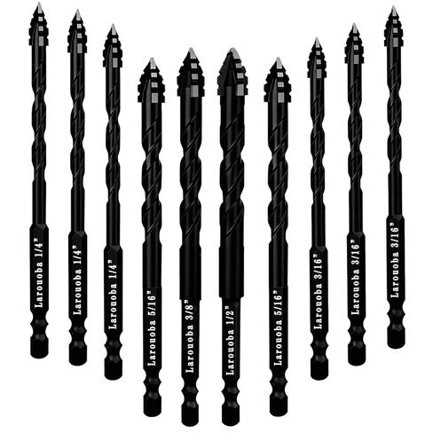 10 قطع من رؤوس مثقاب البناء غريب الأطوار باللون الأسود، مجموعة رؤوس مثقاب خرسانية مسننة لبلاط السيراميك والزجاج والبلاستيك والرخام والخشب (3/16 بوصة إلى 1/2 بوصة). in Kuwait