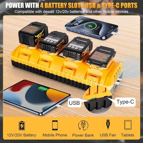 بديل DCB104 لمحطة شحن بطاريات ديوالت، محطة شحن سريعة ذات 4 منافذ مع منافذ USB ونوع C متوافقة مع جميع بطاريات الليثيوم 12 فولت 20 فولت كحد أقصى من ديوالت in Kuwait