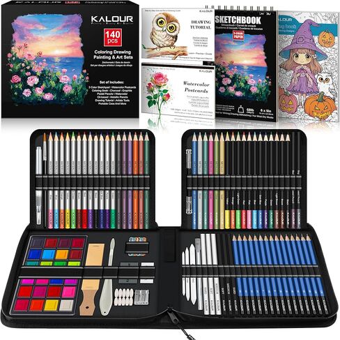 KALOUR 140 Drawing Set Sketching Kit,Art Supplies with 3-color Sketchbook & Coloring Paper,Include Tutorial, Colored, Graphite, Charcoal, Watercolor & Metallic Pencil,for Artists Adults Teens Beginner in Saudi Arabia
