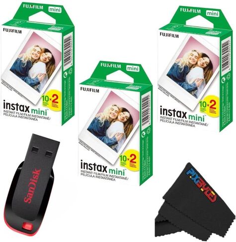 فيلم Fujifilm Instax Mini Instant Daylight Film للكاميرا الفورية مع USB وPixiBytes قطعة قماش للتنظيف من الألياف الدقيقة... (2 × عبوتين + USB) in Kuwait