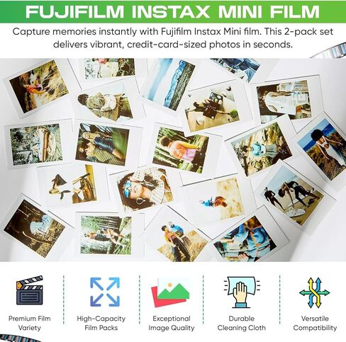 فيلم Fujifilm Instax Mini Instant Daylight Film للكاميرا الفورية مع USB وPixiBytes قطعة قماش للتنظيف من الألياف الدقيقة... (2 × عبوتين + USB) in Kuwait