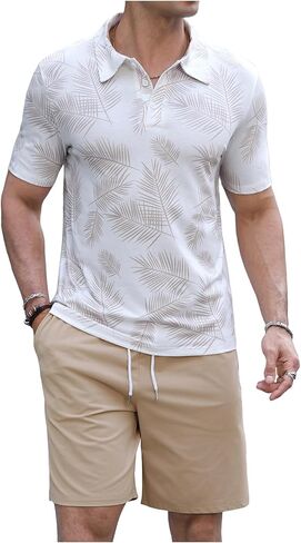 Men's 2 Piece Short Set Tropical Graphic Golf Shirts and Drawstring Beach Shorts Summer Outfits in Saudi Arabia