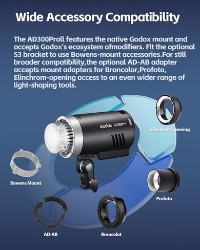 Godox AD300Pro II AD300ProII Outdoor Flash,300Ws 2.4G TTL HSS 1/8000s Studio Flash Monolight, 350 Full Power Flashes, 0.01-1.5s Recycle/16-Color Groups/12W Bi-Color Modeling Lamp in Kuwait