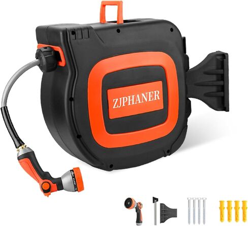 100FT Auto-Rewinding Garden Hose Reel with Drainage Holes, 10-Mode Spray Nozzle, Any Length Lock, 180-Degree Swivel Bracket & Wall Mounted for Lawn, Garden Watering Washing Car & Pets (Orange) in Kuwait