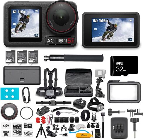 مجموعة DJI Osmo Action 5 Pro Adventure - كاميرا أكشن مقاومة للماء مع فيديو بدقة 4K UHD، ومستشعر 1/1.3 بوصة، وشاشات مزدوجة، وتثبيت، لمدونات الفيديو والرياضة والسفر + بطاقة 32 جيجابايت ومجموعة ملحقات مكونة من 50 قطعة in Kuwait