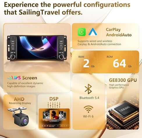 راديو سيارة 5G WiFi(6) لسيارة Jeep Wrangler 2007-2018 Chrysler Dodge Ram 1500، Android13/Wireless CarPlay/Android Auto/شاشة تعمل باللمس/ملاحة GPS/بلوتوث/FM/HD كاميرا احتياطية (2+64) in Kuwait