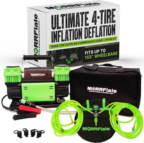 ضاغط هواء محمول بأسطوانة مزدوجة TenSix 12V 150 PSI 10.6 CFM + Quad+ 4 طقم خرطوم نفخ وتفريغ الإطارات - يناسب مقياس رقمي لقاعدة العجلات يصل إلى 155 بوصة - نظام كامل لأعلى ولأسفل للهواء على الطرق الوعرة in Kuwait