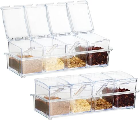 Clear Seasoning Box, 4 Pieces Acrylic Seasoning Rack Spice Jars with Spoons, Storage Container Condiment Jars with Lids, Ideal for Salt Sugar Cardamon Cruet Cinnamon in Kuwait