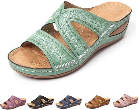 Orthopedic Sandals for Women 2026,Arch Support Open Toe Platform Wedge Sandals Dressy Summer Floral Embroidered Wide Width Orthotic Shoes Slip-on Comfortable Boho Beach Slippers in Saudi Arabia