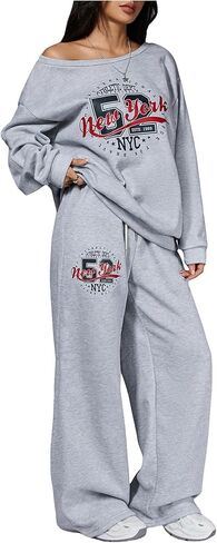 Women's Sweatsuits 2 Piece Set Off The Shoulder Oversized Sweatshirts and Wide Leg Sweatpants Fall Clothes in Saudi Arabia