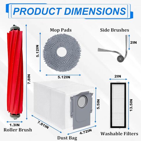 28Pcs Accessories Replacement Kit for Roborock QV35A/QV35S,QR798/QR598 Robot Vacuum,2 Main Brush,4 Filters,8 Mop Pads,6 Dust Bags,6 Side Brushes,2 Tools in Saudi Arabia