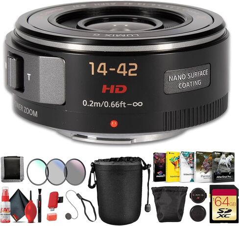 Panasonic Lumix G X Vario PZ 14-42mm f/3.5-5.6 Power O.I.S. Lens for Micro Four Thirds, Compact Pancake Zoom, 28-84mm Equivalent, Bundle with 64GB Memory Card + Cleaning Kit + More (9 Items) in Saudi Arabia