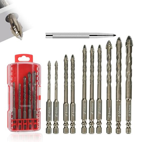 10PCS Four Blade Serrated Eccentric Drill Bits with Center Punch (5/32"-1/2") | Masonry Drill Bit Set | Concrete Drill Bits for Concrete/Tile/Brick/Glass/Wood (Bronzy) in Saudi Arabia