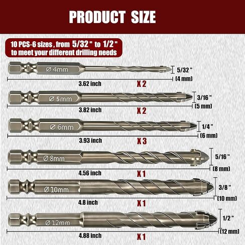 10PCS Four Blade Serrated Eccentric Drill Bits with Center Punch (5/32"-1/2") | Masonry Drill Bit Set | Concrete Drill Bits for Concrete/Tile/Brick/Glass/Wood (Bronzy) in Saudi Arabia
