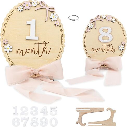 علامة خشبية بارزة شهرية للأطفال مع أرقام، لوحة معالم خشبية طبيعية لصور النمو الشهري لحديثي الولادة، دعامة صور زهور ثلاثية الأبعاد لطيفة لذكريات معالم الطفل (شريط وردي) in Kuwait