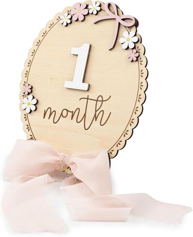 علامة خشبية بارزة شهرية للأطفال مع أرقام، لوحة معالم خشبية طبيعية لصور النمو الشهري لحديثي الولادة، دعامة صور زهور ثلاثية الأبعاد لطيفة لذكريات معالم الطفل (شريط وردي) in Kuwait
