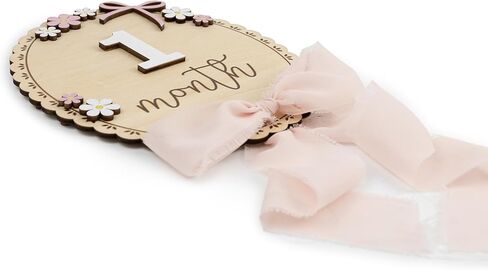 علامة خشبية بارزة شهرية للأطفال مع أرقام، لوحة معالم خشبية طبيعية لصور النمو الشهري لحديثي الولادة، دعامة صور زهور ثلاثية الأبعاد لطيفة لذكريات معالم الطفل (شريط وردي) in Kuwait