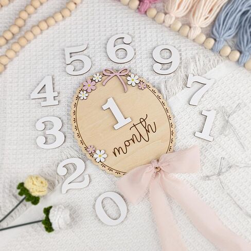 علامة خشبية بارزة شهرية للأطفال مع أرقام، لوحة معالم خشبية طبيعية لصور النمو الشهري لحديثي الولادة، دعامة صور زهور ثلاثية الأبعاد لطيفة لذكريات معالم الطفل (شريط وردي) in Kuwait