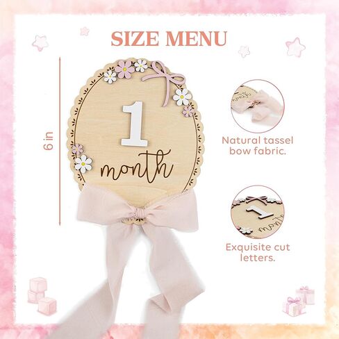 علامة خشبية بارزة شهرية للأطفال مع أرقام، لوحة معالم خشبية طبيعية لصور النمو الشهري لحديثي الولادة، دعامة صور زهور ثلاثية الأبعاد لطيفة لذكريات معالم الطفل (شريط وردي) in Kuwait