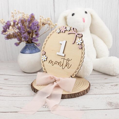 Baby Monthly Milestone Wooden Sign with Numbers, Natural Wood Milestone Board for Newborn Monthly Growth Photos, Cute 3D Flowers Photo Prop for Baby Milestone Memories (Pink Ribbon) in Saudi Arabia