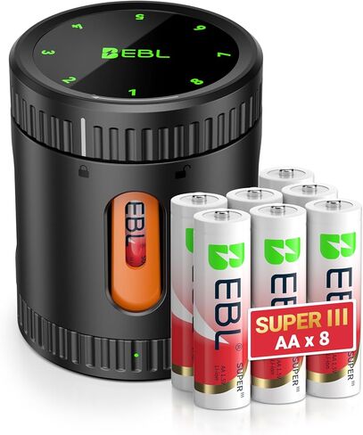 بطاريات AA قابلة لإعادة الشحن من EBL ليثيوم مع شاحن، 3600 مللي واط في الساعة بطاريات مزدوجة ذات سعة عالية 1.5 فولت 8 عبوات AA بطارية 2000+ دورات مثالية للكاميرات الوامضة وأقفال الأبواب وفوانيس التخييم in Kuwait