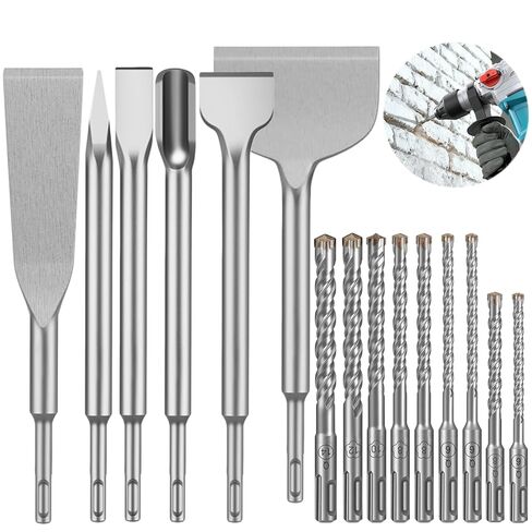 15Pcs Rotary Hammer Drill Bits and Chisel Set, SDS Plus Carbide-Tipped Drill Bit Set Concrete Drill Bit Masonry Chisel Hole Tool 1/4"-5/9" Drill Bit Set and Chisels for Concrete Brick Tile in Saudi Arabia