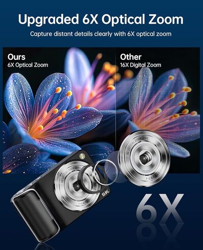 5K Digital Camera for Photography with 6X Optical Zoom, 64MP Autofocus WiFi Vlogging Camera for YouTube with Dual Lens, Compact Point and Shoot Digital Cameras with Touch Screen, 32GB Card,2 Batteries in Kuwait