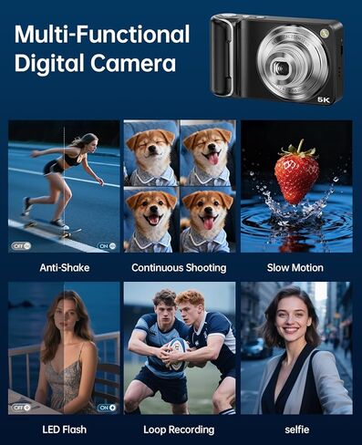 5K Digital Camera for Photography with 6X Optical Zoom, 64MP Autofocus WiFi Vlogging Camera for YouTube with Dual Lens, Compact Point and Shoot Digital Cameras with Touch Screen, 32GB Card,2 Batteries in Kuwait