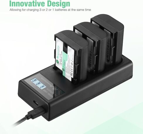 بطاريات LP-E6 / LP-E6N مكونة من 3 قطع مع شاحن LCD ثلاثي القنوات - متوافق مع EOS 5D Mark IV/R5/R6/R6 Mark II/6D Mark II/5D Mark III/90D/80D/70D/R/XC10/XC15 in Kuwait