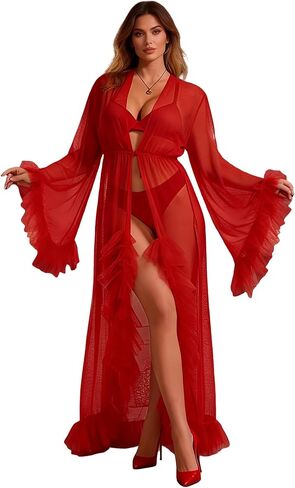ohyeahlady Women Lingerie Robe Long Sheer Mesh Kimono Robe Nightgown Bridal Robe XS-4XL in Saudi Arabia