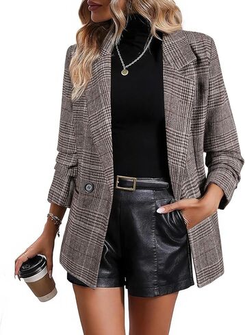 Happy Sailed Women’s Plaid Blazer Classic Lapel Collar Double Breasted Open Front Blazers Jackets Work Suit with Pockets in Saudi Arabia