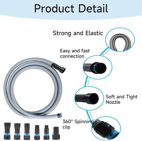 خرطوم مكنسة كهربائية بطول 16 قدم من Shop Vac Hose لنظام مكنسة كهربائية للمنزل والمتجر مع 6 محولات لأداة طاقة النجارة وآلة الصنفرة، متوافق مع العلامات التجارية المتعددة، خرطوم مكنسة كهربائية باللون الرمادي الفضي in Kuwait