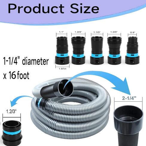 خرطوم مكنسة كهربائية بطول 16 قدم من Shop Vac Hose لنظام مكنسة كهربائية للمنزل والمتجر مع 6 محولات لأداة طاقة النجارة وآلة الصنفرة، متوافق مع العلامات التجارية المتعددة، خرطوم مكنسة كهربائية باللون الرمادي الفضي in Kuwait