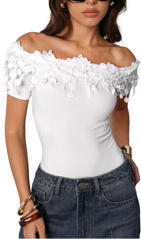 OYOANGLE Women's Elegant Floral Appliques Off Shoulder Short Sleeve Bodysuit Leotard Tops in Saudi Arabia