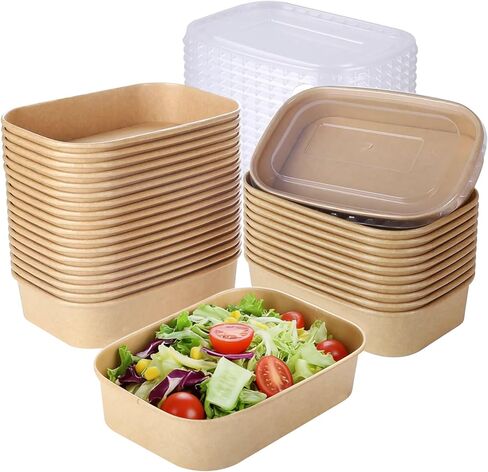 100pcs 17oz ، قم بإخراج حاويات الطعام من الأوعية الورقية كرافت التي يمكن التخلص منها مع أغطية مستطيل حاويات حاويات سلطة السلطة للمطعم المنزلي للتخييم الساخن in Kuwait