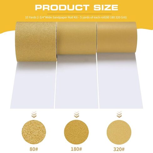 مجموعة ورق الصنفرة الطويلة 80، 180، 320 حبيبة PSA، إجمالي 15 ياردة، عرض 2-3/4 بوصة، بكرة ورق صنفرة مستمرة، بكرة صنفرة ذاتية اللصق لأعمال النجارة وكتل صنفرة السيارات in Kuwait