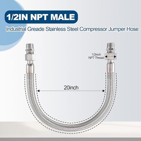 خرطوم قافز للضاغط من الدرجة الصناعية - ذكر 1/2 بوصة NPT (طول 20 بوصة)، 450 رطل لكل بوصة مربعة 750 درجة فهرنهايت، فولاذ مقاوم للصدأ مرن مع تركيبات دوارة بحرية لنظام ضاغط الهواء in Kuwait