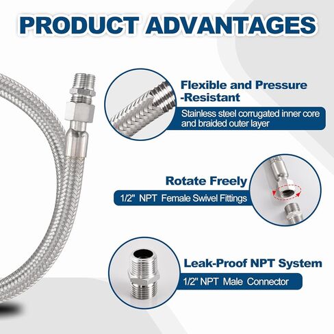 خرطوم قافز للضاغط من الدرجة الصناعية - ذكر 1/2 بوصة NPT (طول 20 بوصة)، 450 رطل لكل بوصة مربعة 750 درجة فهرنهايت، فولاذ مقاوم للصدأ مرن مع تركيبات دوارة بحرية لنظام ضاغط الهواء in Kuwait