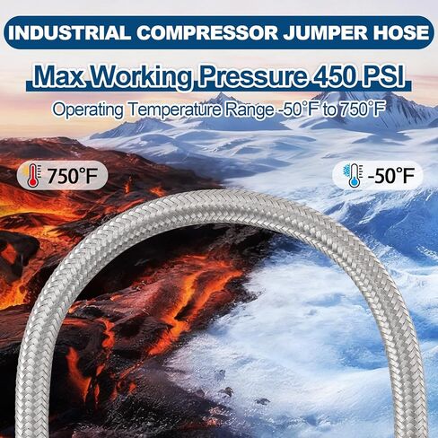 خرطوم قافز للضاغط من الدرجة الصناعية - ذكر 1/2 بوصة NPT (طول 20 بوصة)، 450 رطل لكل بوصة مربعة 750 درجة فهرنهايت، فولاذ مقاوم للصدأ مرن مع تركيبات دوارة بحرية لنظام ضاغط الهواء in Kuwait