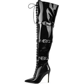 Only maker Women's Over-The-Knee Stiletto Boots Pointed Toe with Adjustable Laces Metal Buckles in Kuwait
