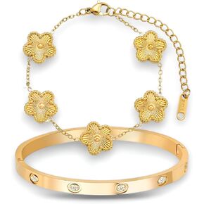 18K Gold Plated Clover Bracelet and Bangle Set for Women | Lucky Bracelet Flower Link Adjustable Chain & Crystal Cuff | Jewelry Gift Set For Woman in Saudi Arabia