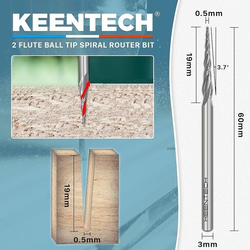 KEENTECH CNC Solid Carbide Spiral Router Bit, 2D & 3D Carving 3.7 Deg Tapered Angle Ball Tip, 2 Flute, Up-Cut -0.50mm D x 0.25mm R x 19mm CH x 3mm SHK x 60mm Long (KT2090519603T) in Saudi Arabia