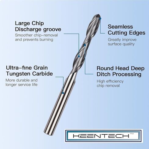 KEENTECH CNC Solid Carbide Spiral Router Bit, 2D & 3D Carving 3.7 Deg Tapered Angle Ball Tip, 2 Flute, Up-Cut -0.50mm D x 0.25mm R x 19mm CH x 3mm SHK x 60mm Long (KT2090519603T) in Saudi Arabia
