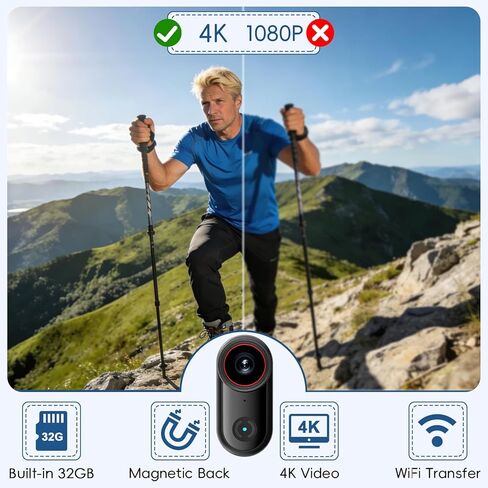 4K Thumb Action Camera,POV Cameras Wearable Small Body Camera,Portable Vlogging Hands-Free POV Recording Sport Action Video Cam, Helmet Cam for Pet Walking,Cycling, Motorcycle(32GB,Black) in Kuwait