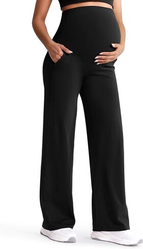Mama Land Maternity Pants Over The Belly High Waisted Wide Leg Yoga Pants with Pockets Stretchy Pregnancy Lounge Clothes in Saudi Arabia