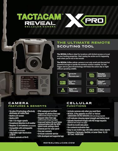 كاميرا TACTACAM Reveal X PRO Cellular Trail، Verizon وAT&T، بدون توهج، تتبع نظام تحديد المواقع العالمي المتكامل، شاشة LCD مدمجة، صور عالية الدقة وفيديو عالي الدقة (X-PRO) in Kuwait