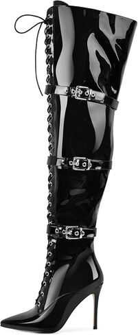 Only maker Women's Over-The-Knee Stiletto Boots Pointed Toe with Adjustable Laces Metal Buckles in Kuwait